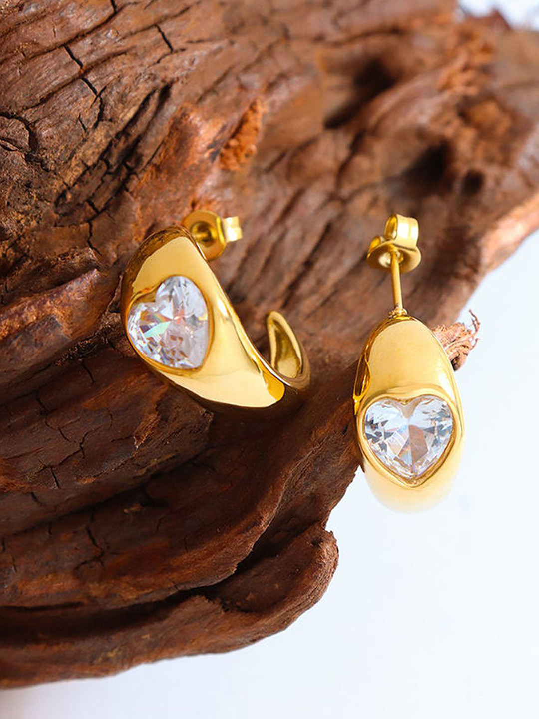 

ZIVOM Gold-Toned Heart Shaped Cubic Zirconia Drop Earrings