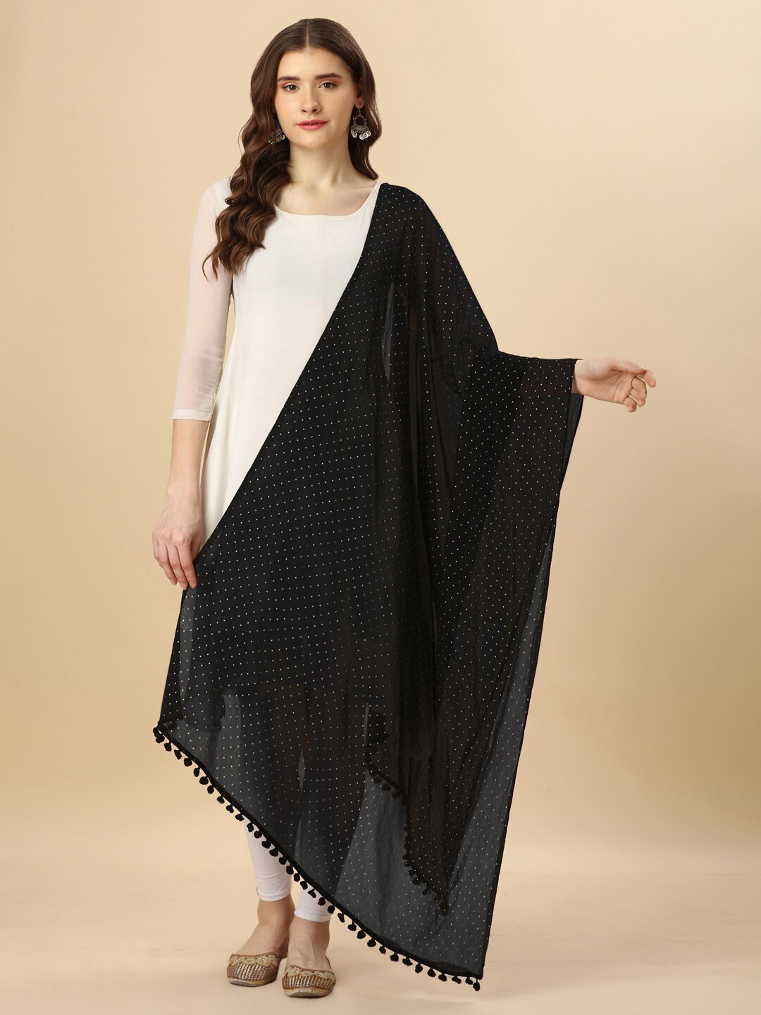 

Nimidiya Polka Dot Printed Chiffon Dupatta, Black