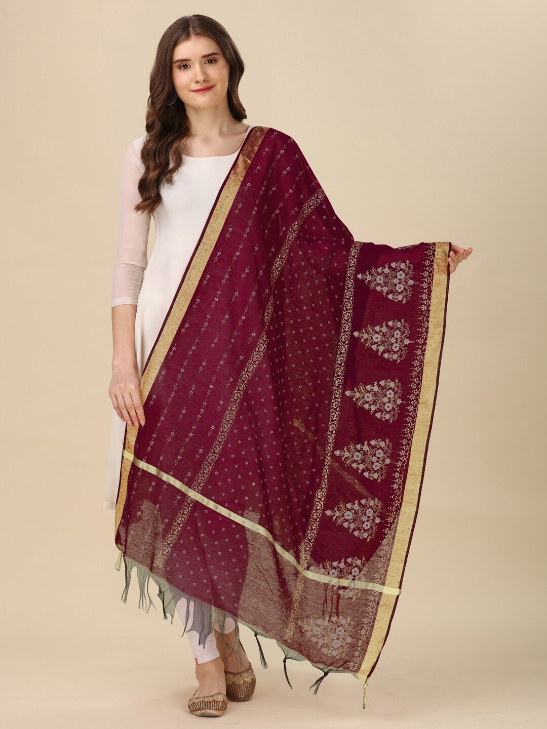 

Nimidiya Ethnic Motifs Printed Tasselled Cotton Dupatta, Maroon