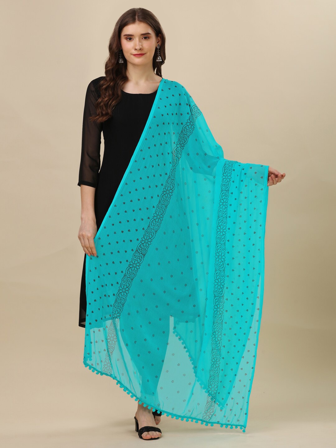 

Nimidiya Ethnic Motifs Printed Tasselled Dupatta, Turquoise blue