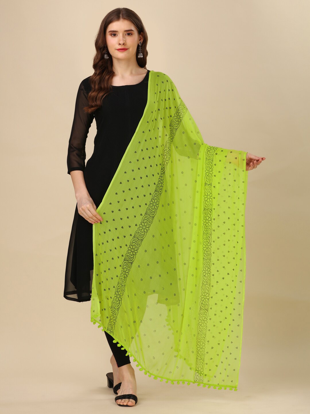 

Nimidiya Floral Printed Chiffon Dupatta, Lime green