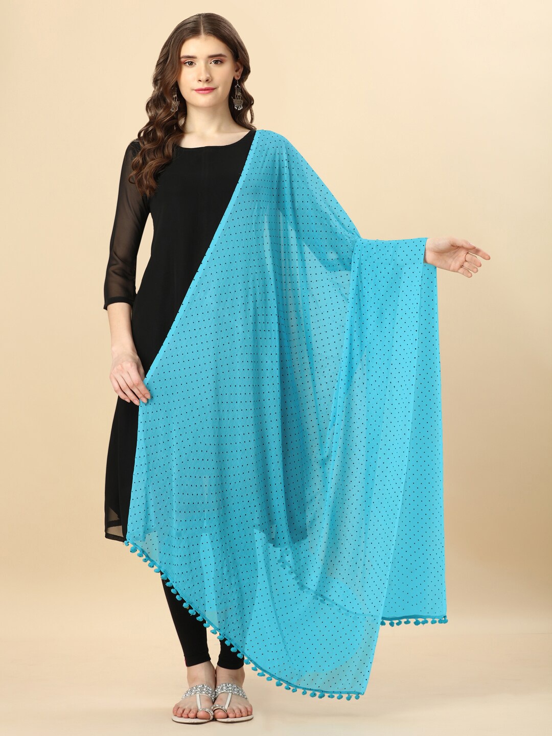 

Nimidiya Polka Dots Printed Tasselled Dupatta, Turquoise blue