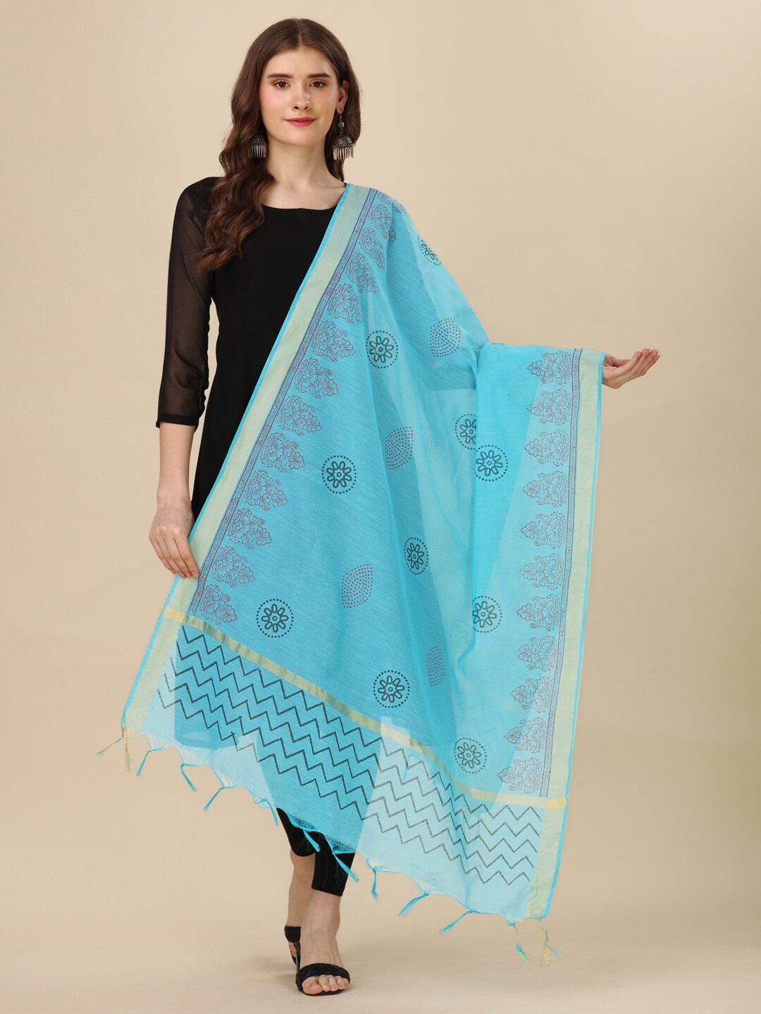 

Nimidiya Ethnic Motifs Printed Zari Tasselled Cotton Dupatta, Turquoise blue