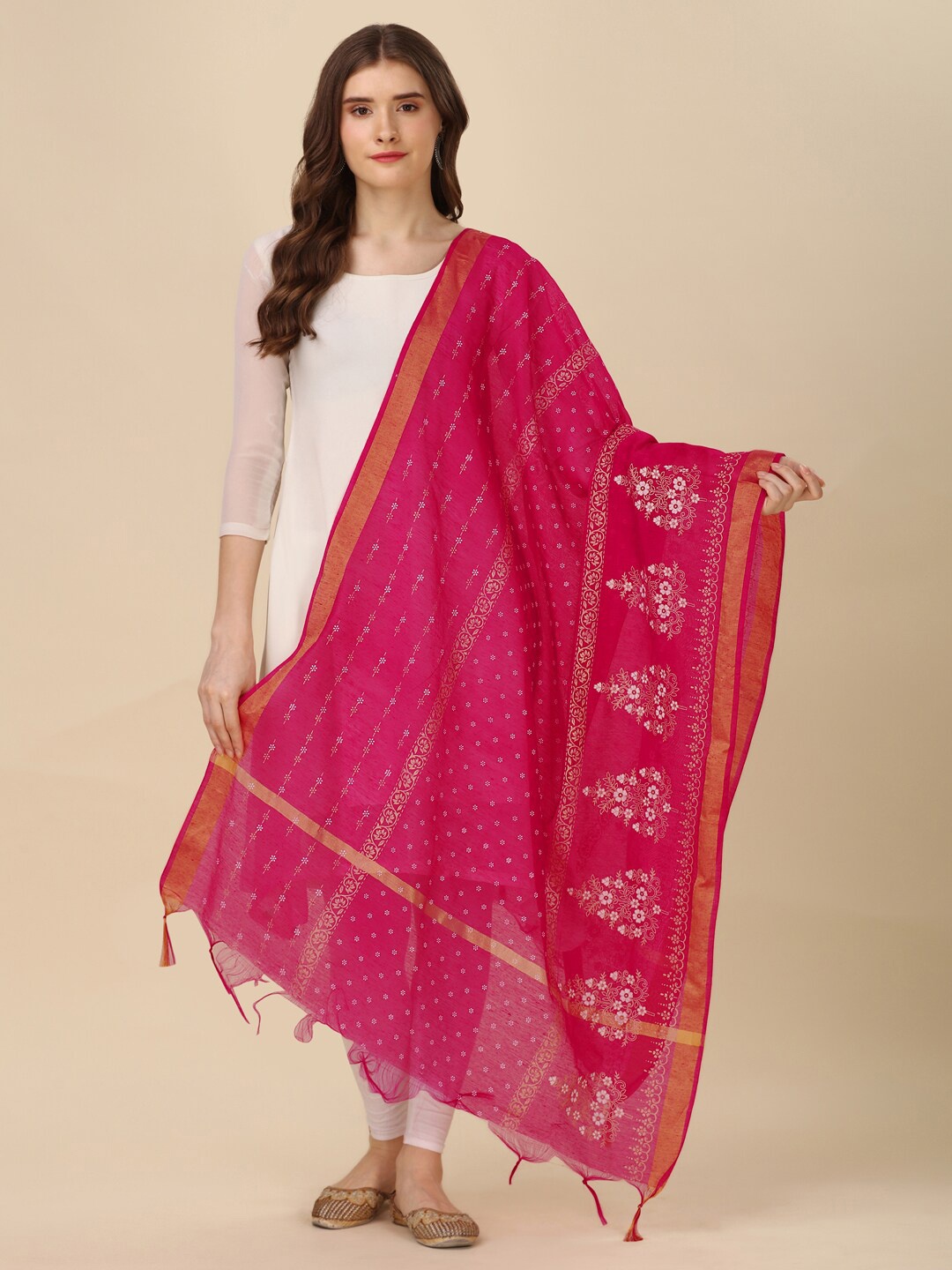 

Nimidiya Ethnic Motifs Printed Tasselled Cotton Dupatta, Pink