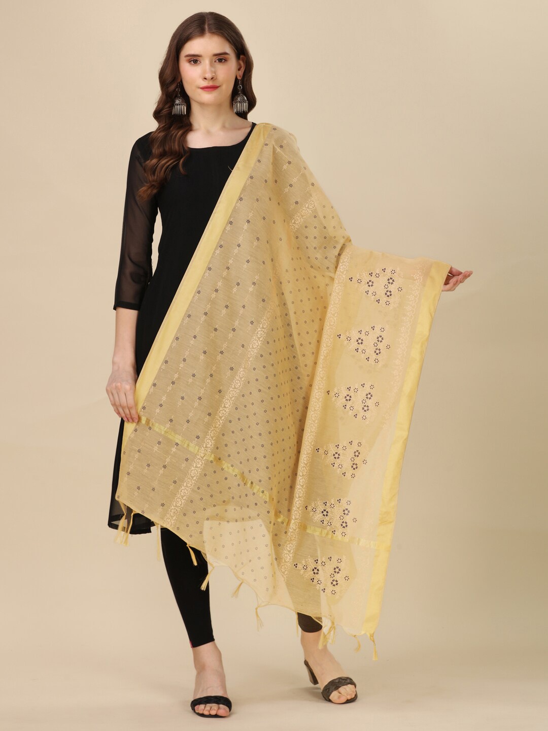 

Nimidiya Ethnic Motifs Printed Tasselled Cotton Dupatta, Beige