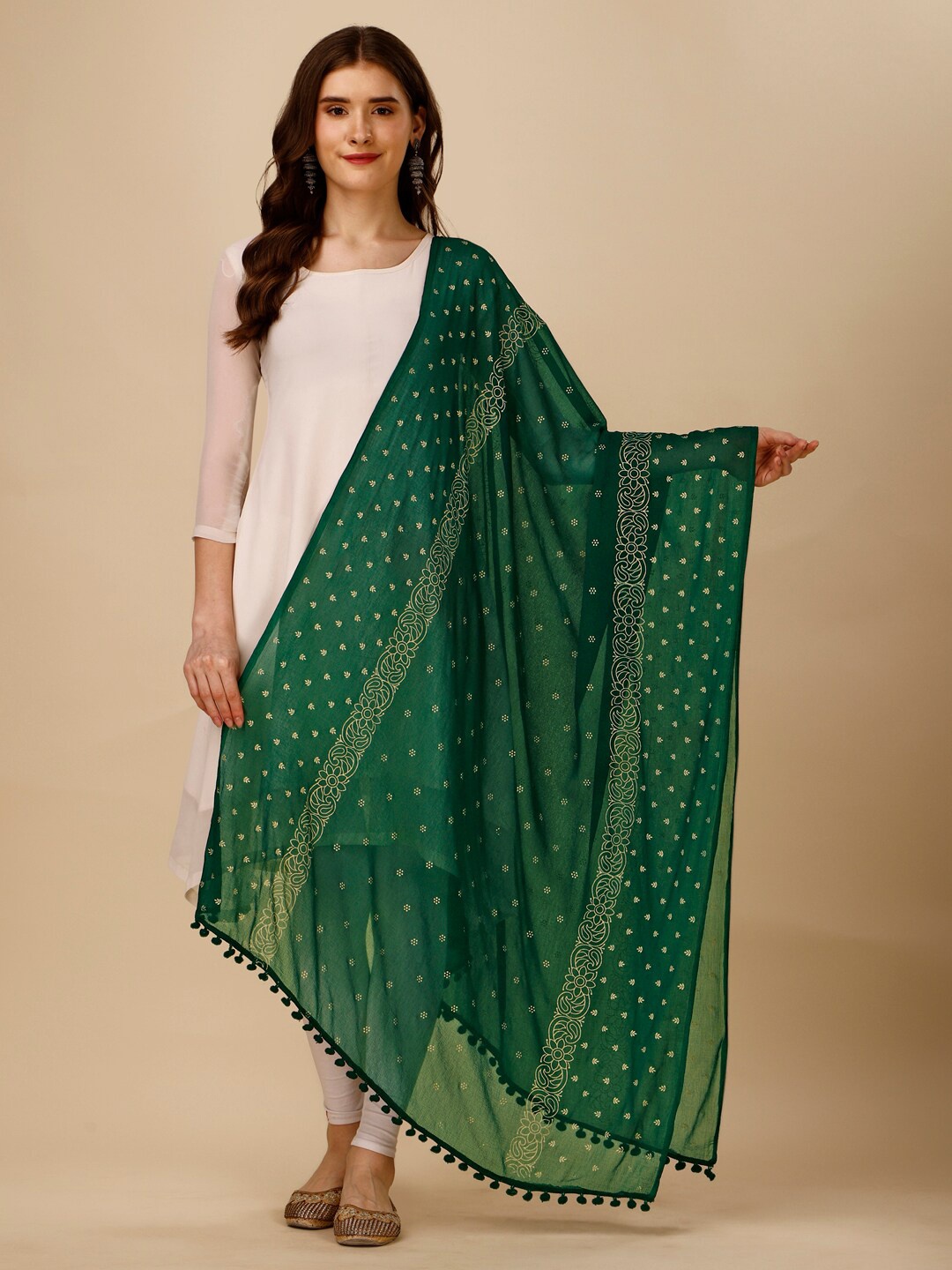 

Nimidiya Floral Printed Tasselled border Dupatta, Green