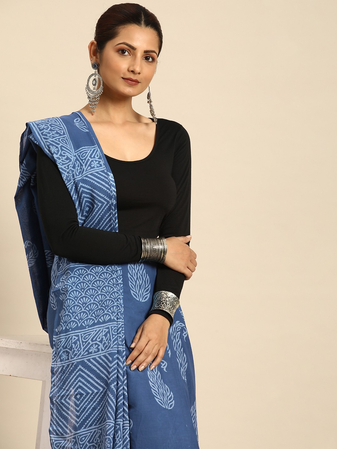 

Taavi Ethnic Print Pure Cotton Block Print Saree, Blue