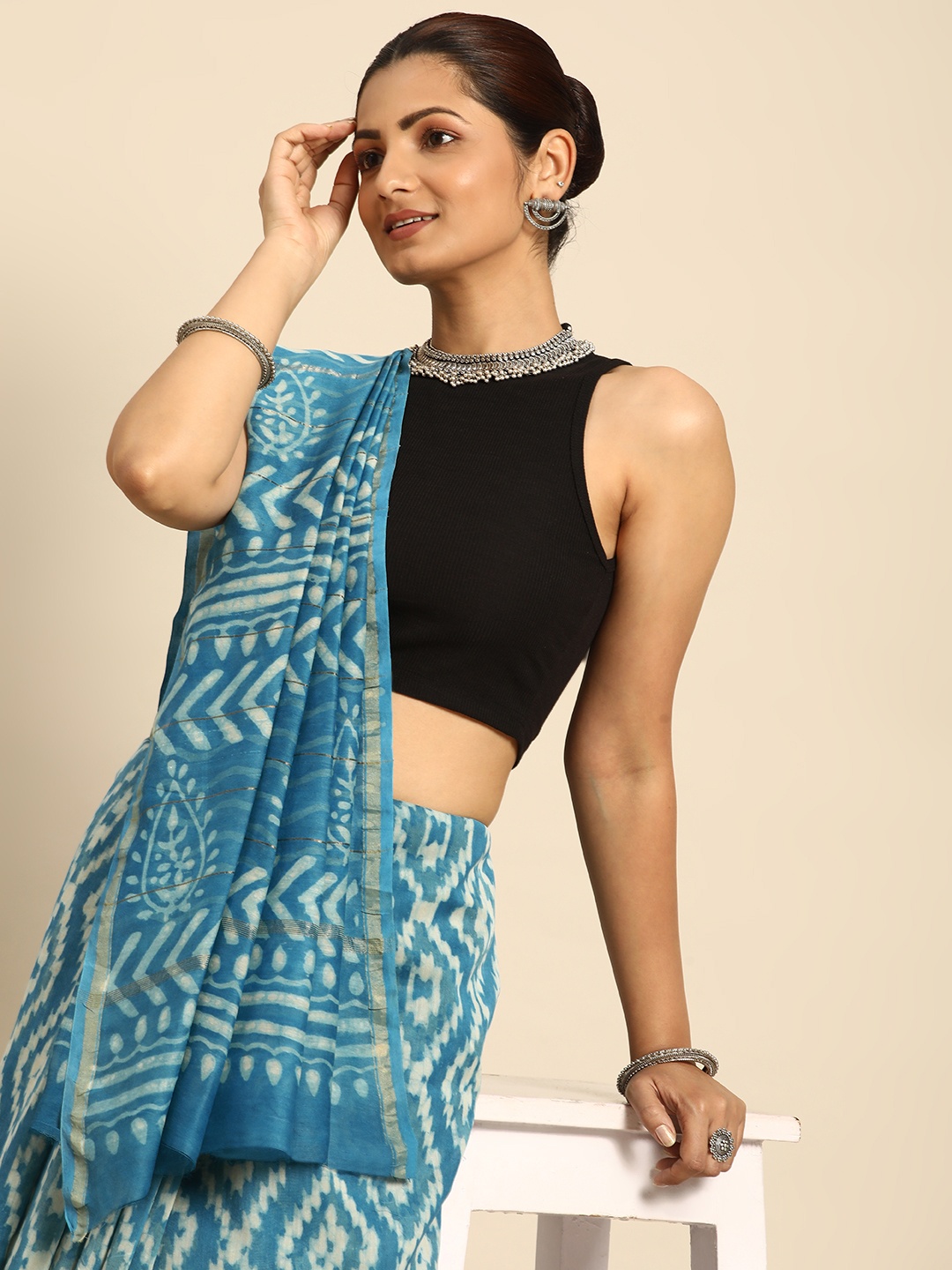 

Taavi Geometric Zari Silk Blend Block Print Saree, Blue