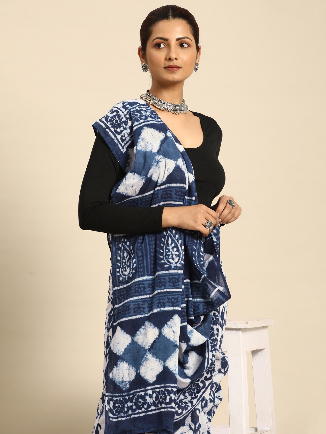 

Taavi Ethnic Print Pure Cotton Block Print Saree, Navy blue