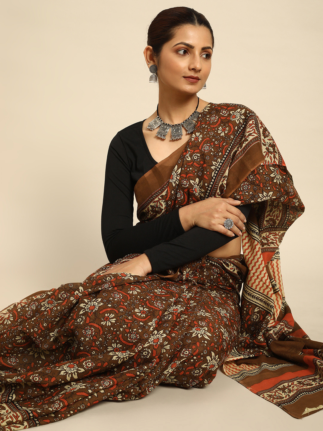 

Taavi Kalamkari Pure Cotton Block Print Saree, Brown