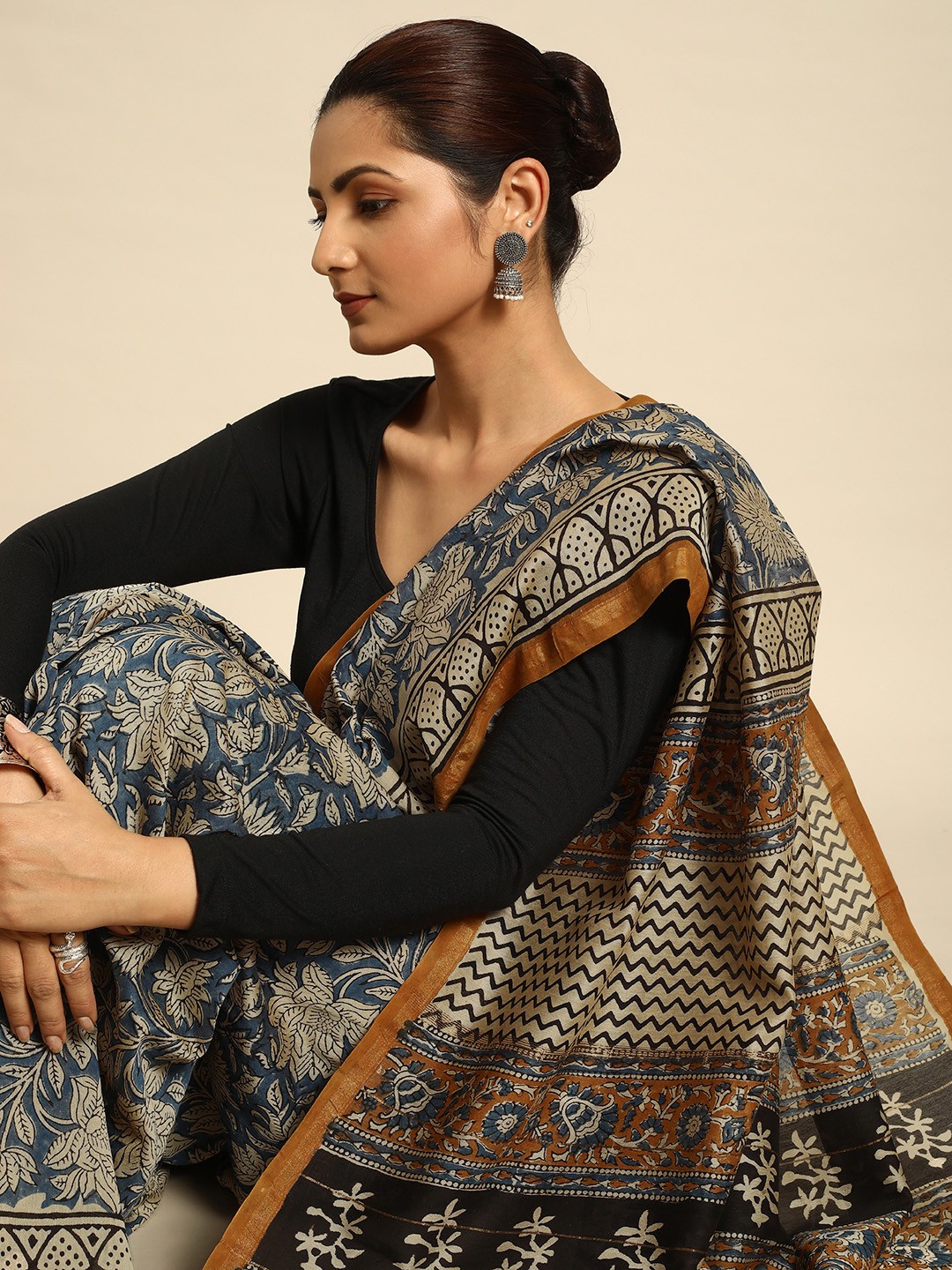 

Taavi Zari Silk Blend Block Print Saree, Blue