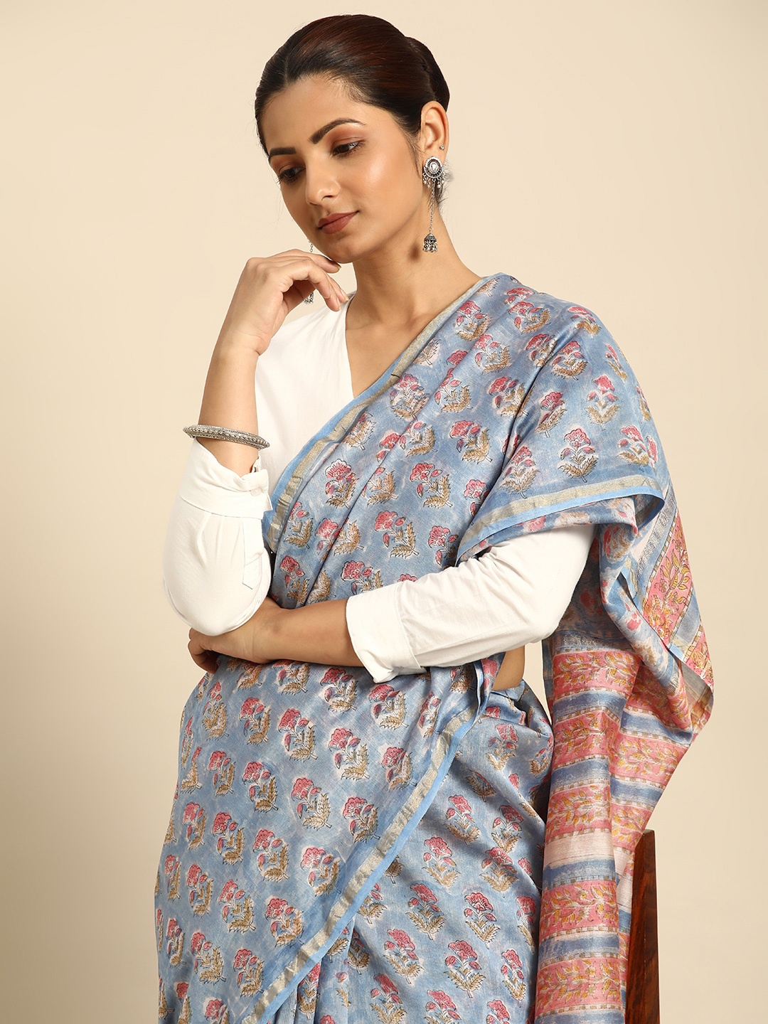 

Taavi Ethnic Motifs Zari Silk Blend Block Print Saree, Blue