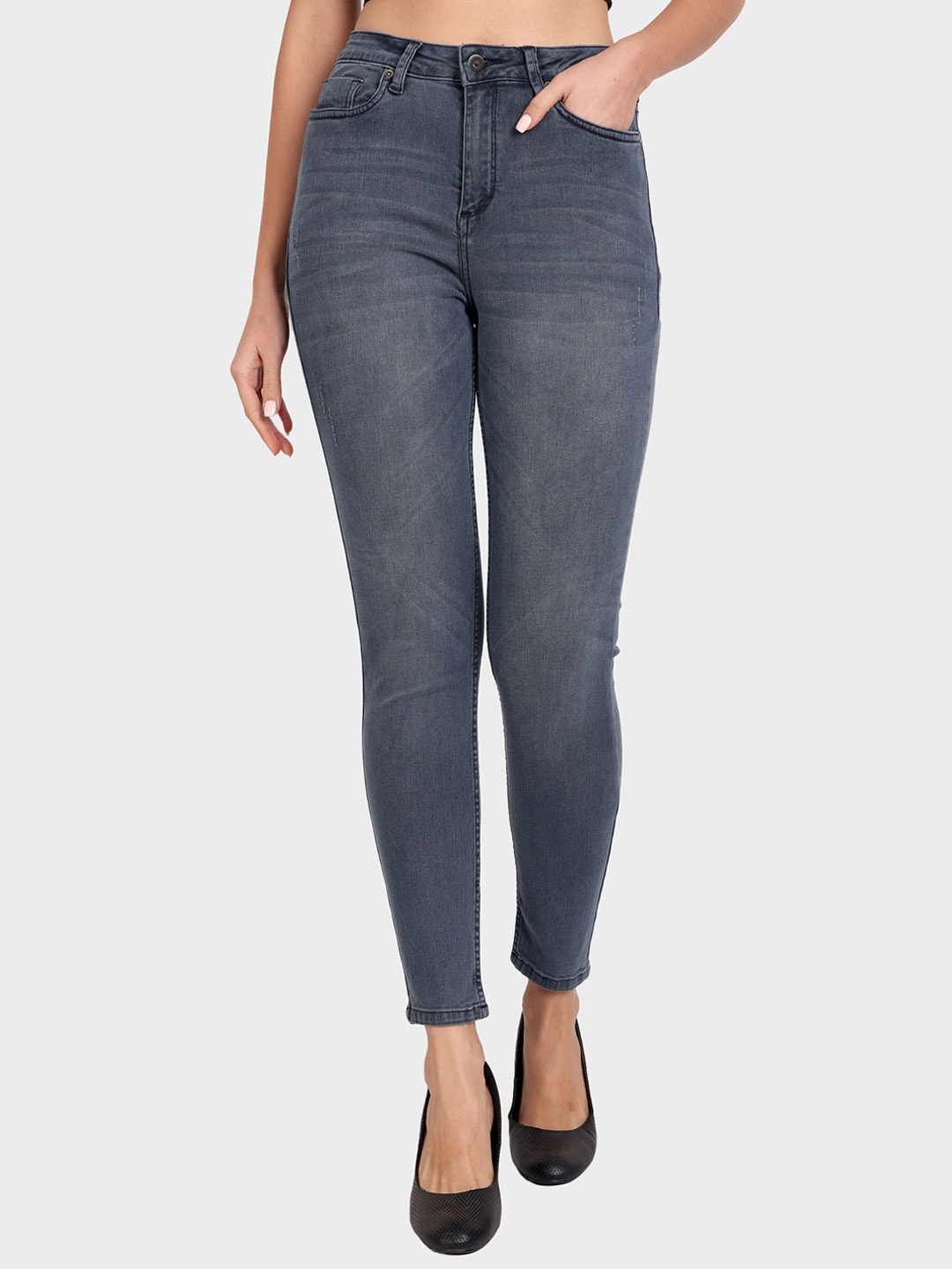 

DressBerry Women Grey Skinny Fit Mid-Rise Clean Look Heavy Fade Whiskers Denim Jeans