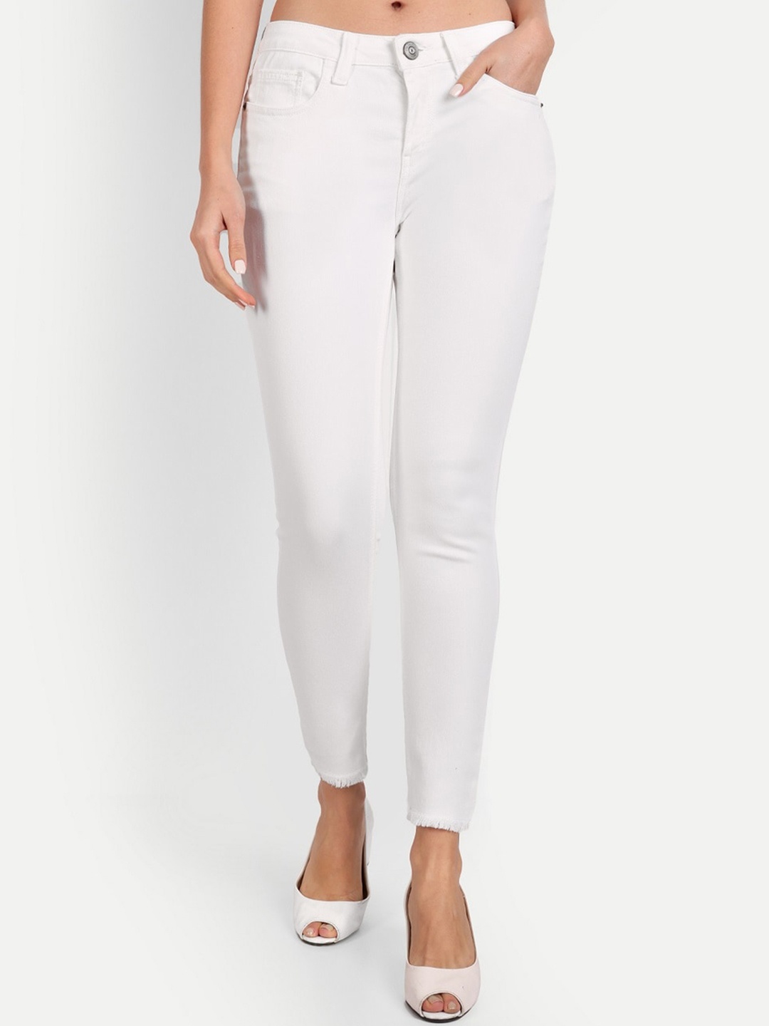 

DressBerry Women White Mid Rise Skinny Fit Frayed Denim Jeans