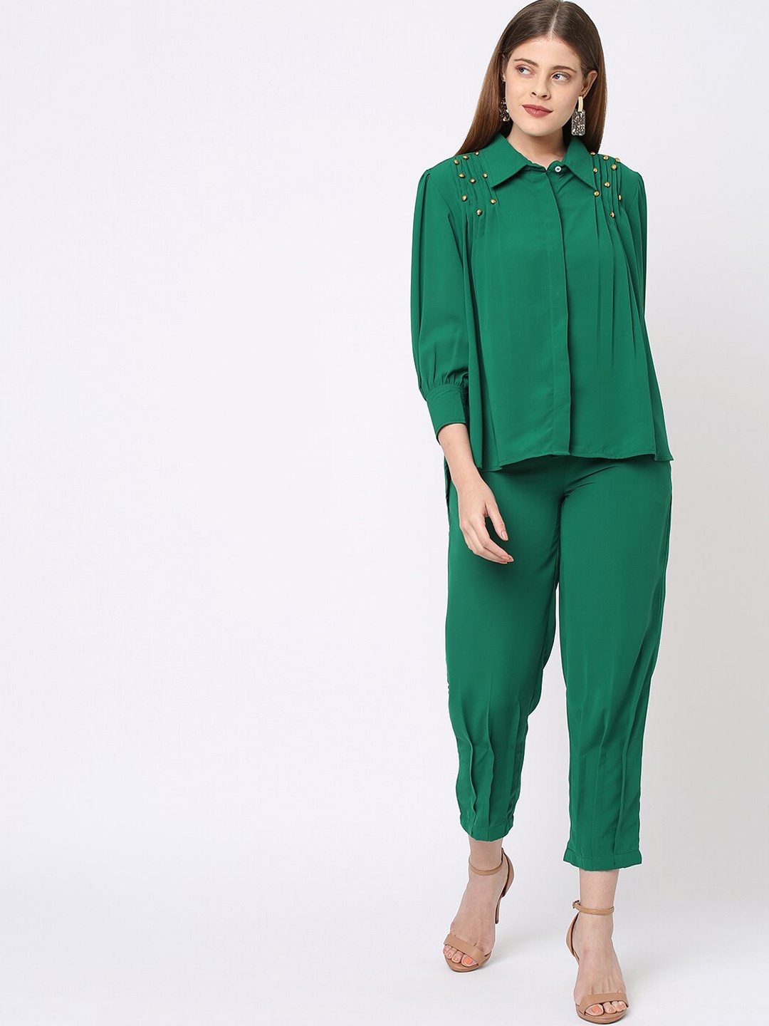 

Ashtag Self Design Shirt & Trousers Co-Ords, Green
