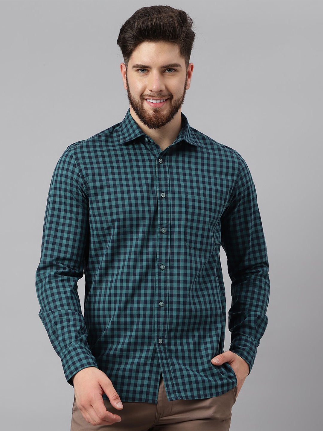 

Woods Gingham Checks Oxford Weave Pure Cotton Shirt, Green