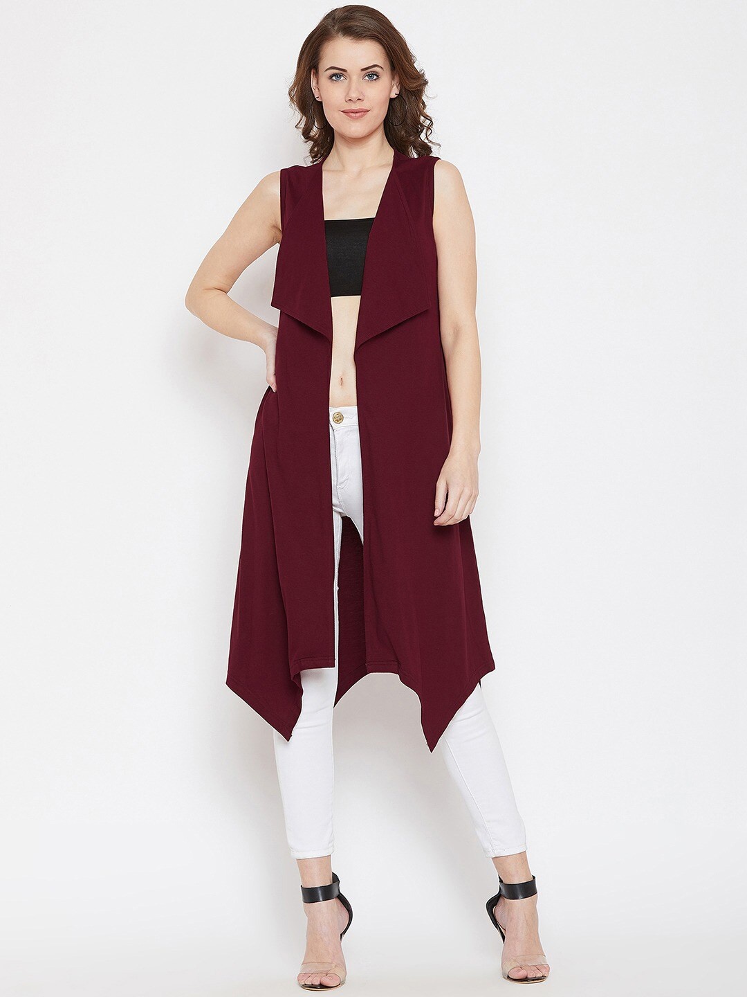 

Hypernation Sleeveless Front Open Longline Asymmetric Hem Pure Cotton Shrug, Maroon