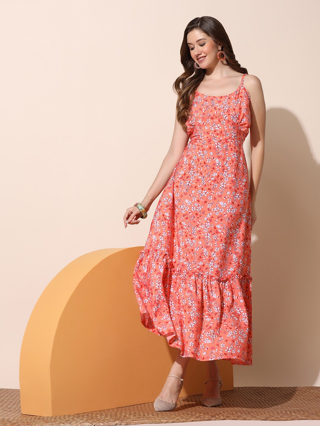 

FASHION DREAM Floral Print Ruffled Crepe Maxi Dress, Orange