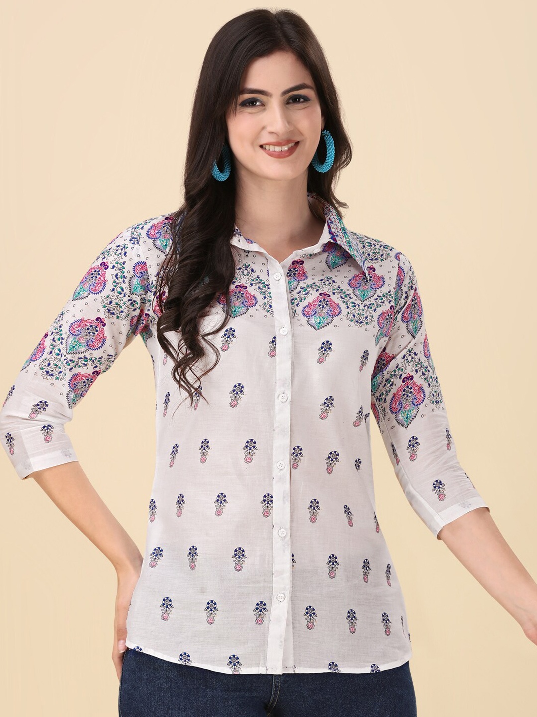 

GUFRINA Ethnic Motifs Printed Shirt Collar Pure Cotton Shirt Style Top, White