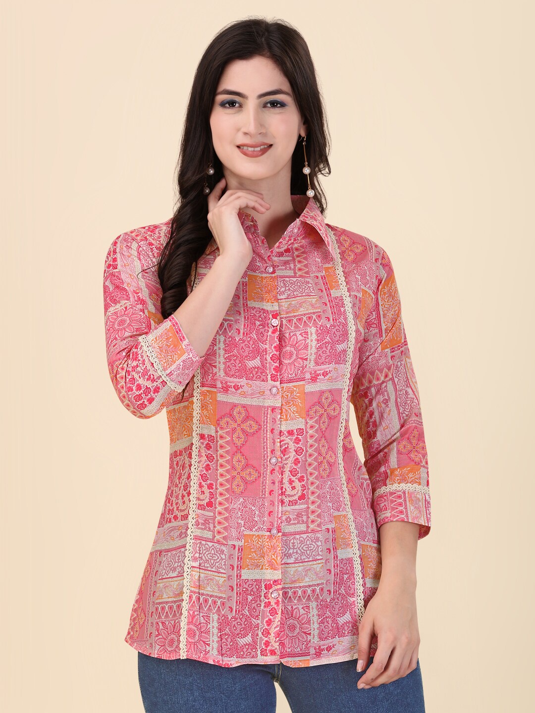 

GUFRINA Ethnic Motifs Printed Shirt Collar Pure Cotton Shirt Style Top, Pink