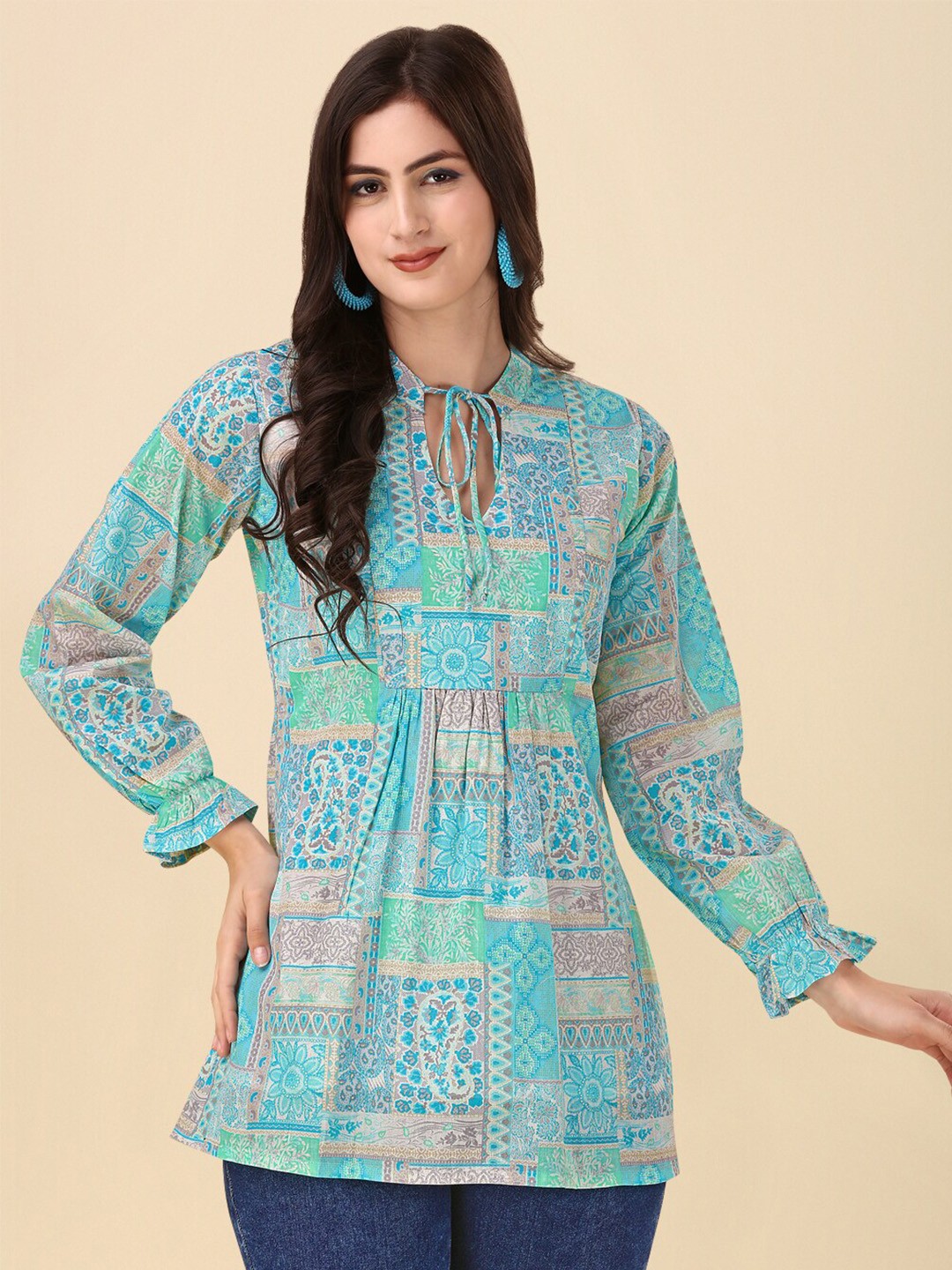 

GUFRINA Ethnic Motifs Printed Tie Ups Neck Gathered Cotton Top, Blue