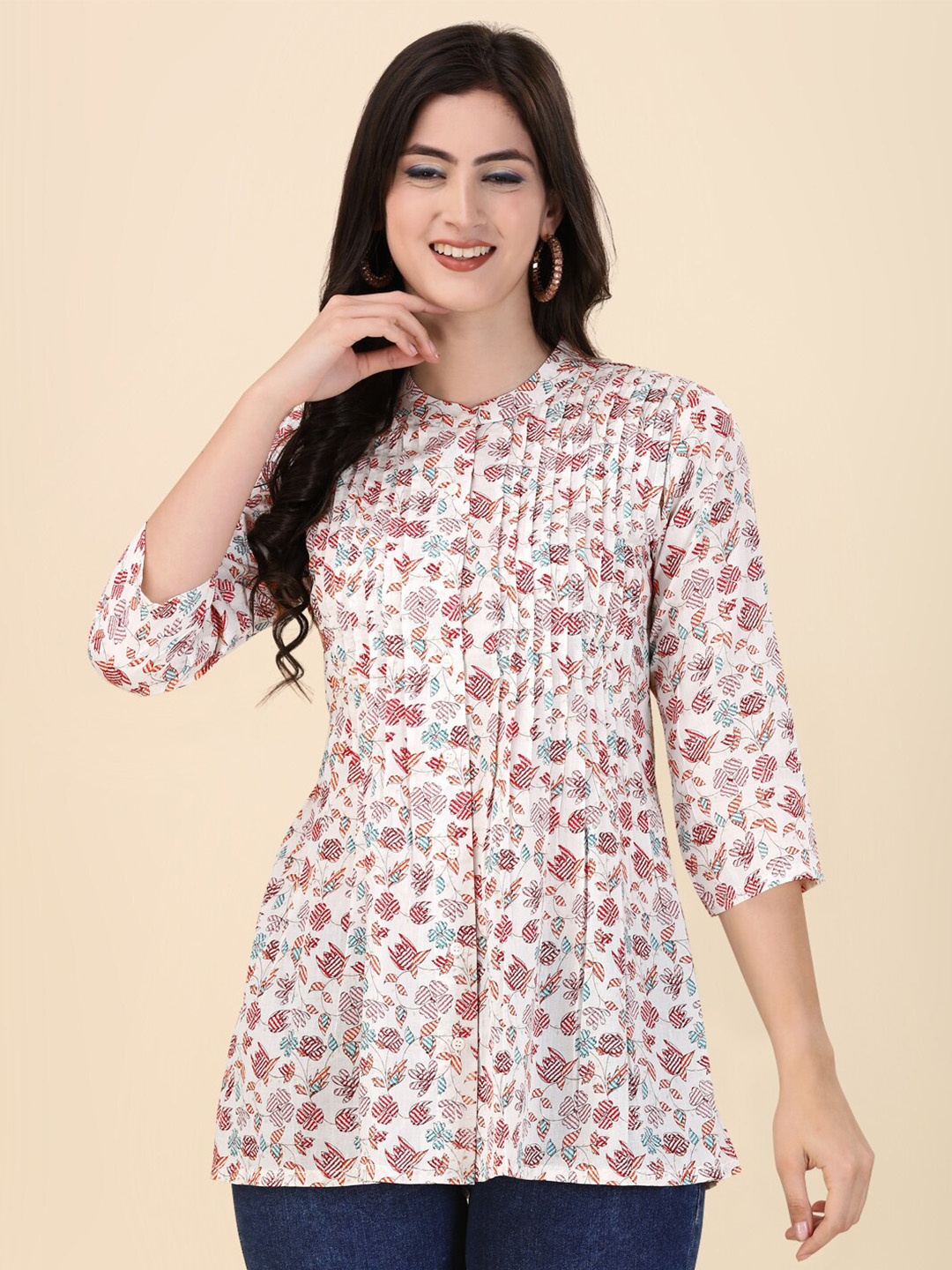 

GUFRINA Floral Printed Mandarin Collar Accordion Pleats Cotton Top, Off white