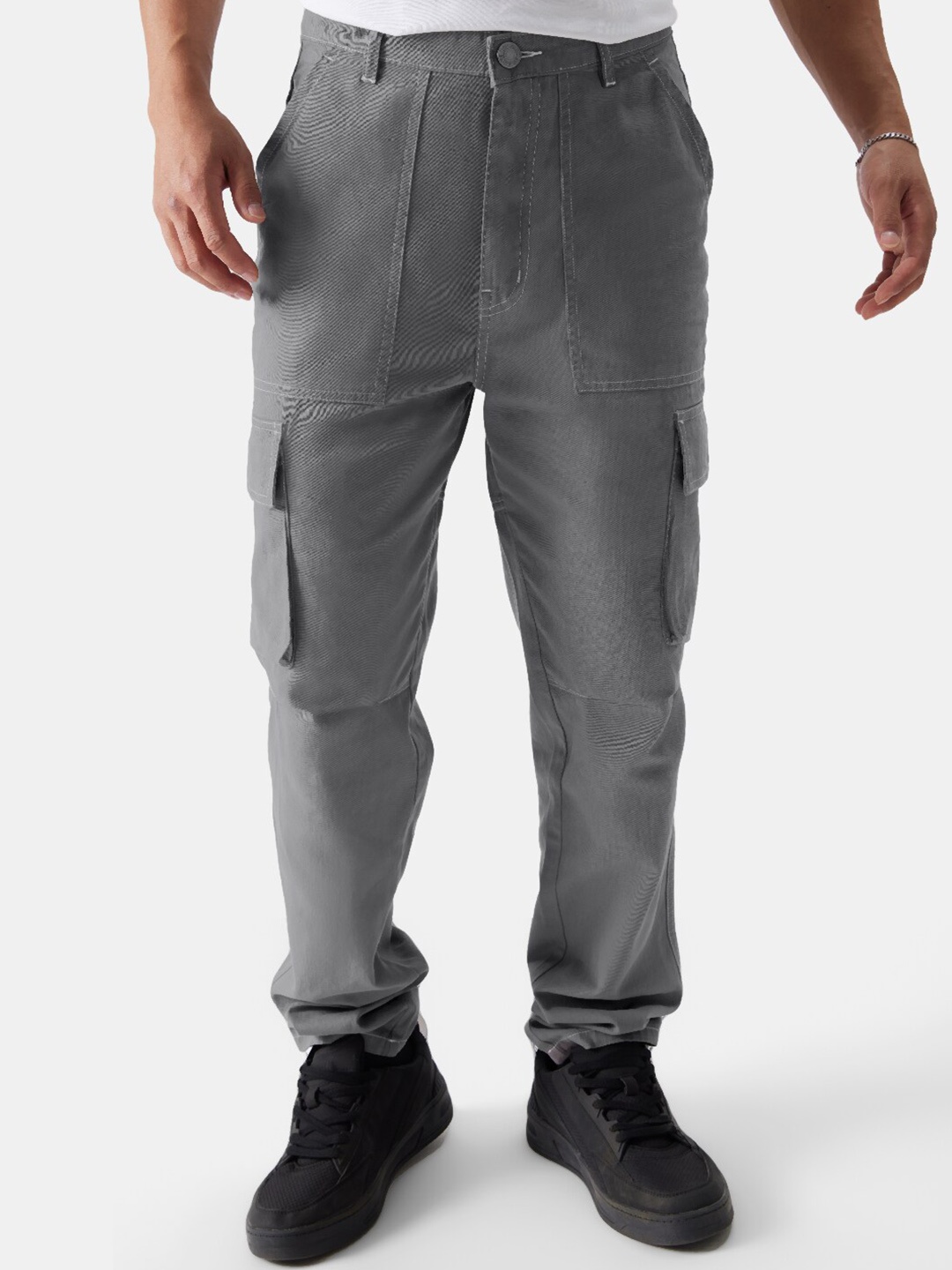

The Souled Store Men Mid-Rise Pure Cotton Cargo Trousers, Grey