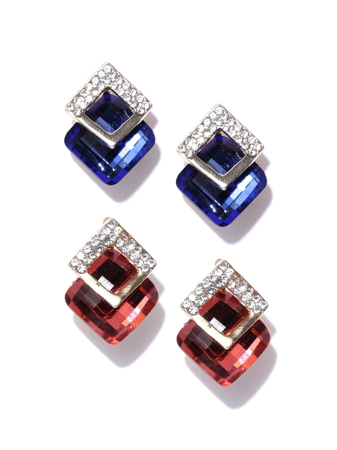 

DressBerry Set Of 2 Gold-Plated Diamond Shaped Stone Studded Studs Earrings