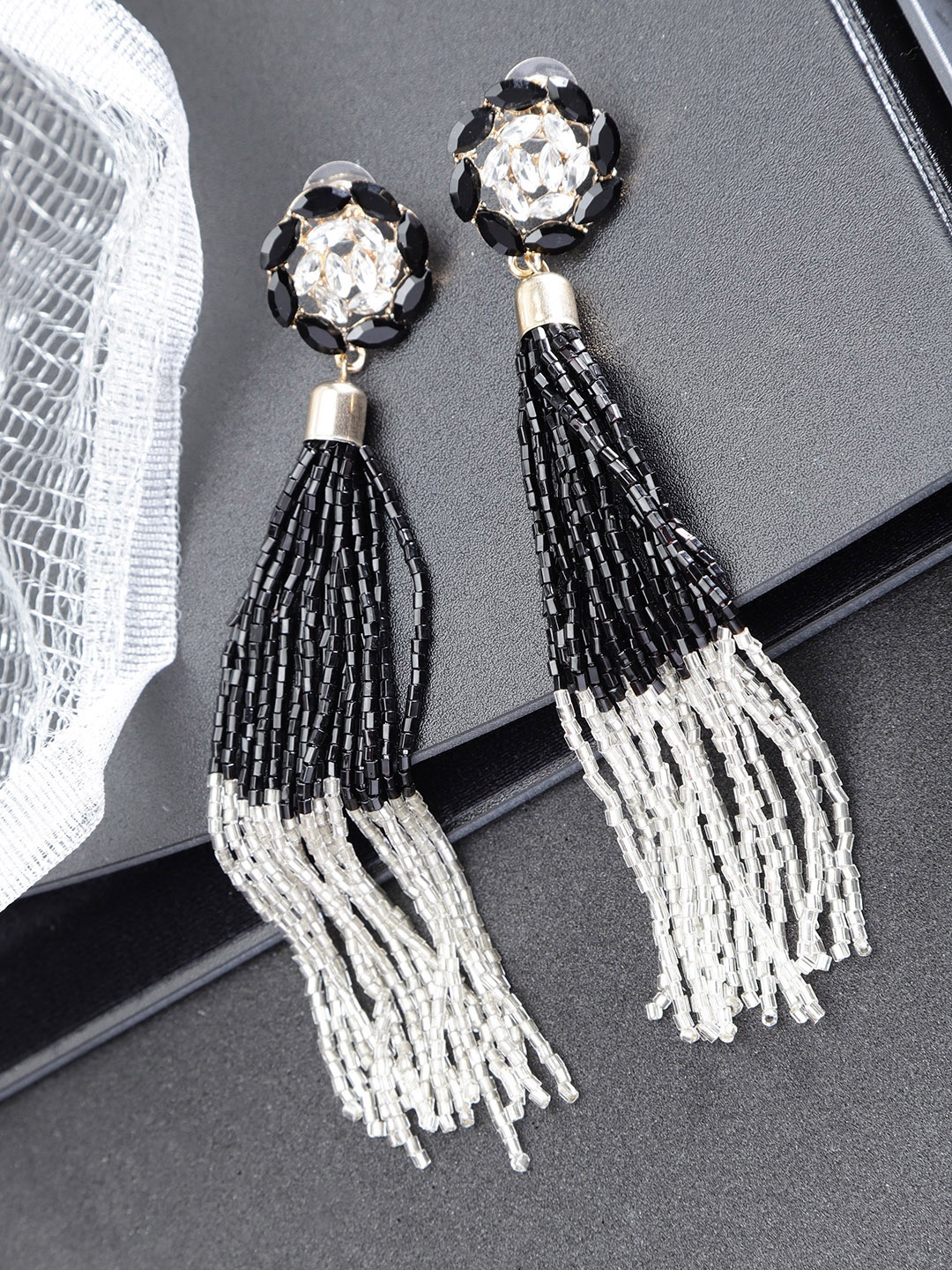 

DressBerry Gold-Plated & Black Stone-Studded Beaded Tasselled Contemporary Drop Earrings