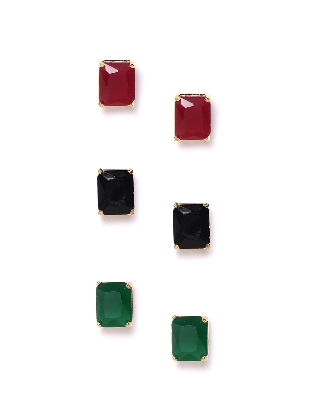 

DressBerry Set Of 3 Maroon & Green Stone-Studded Gold-Plated Geometric Studs