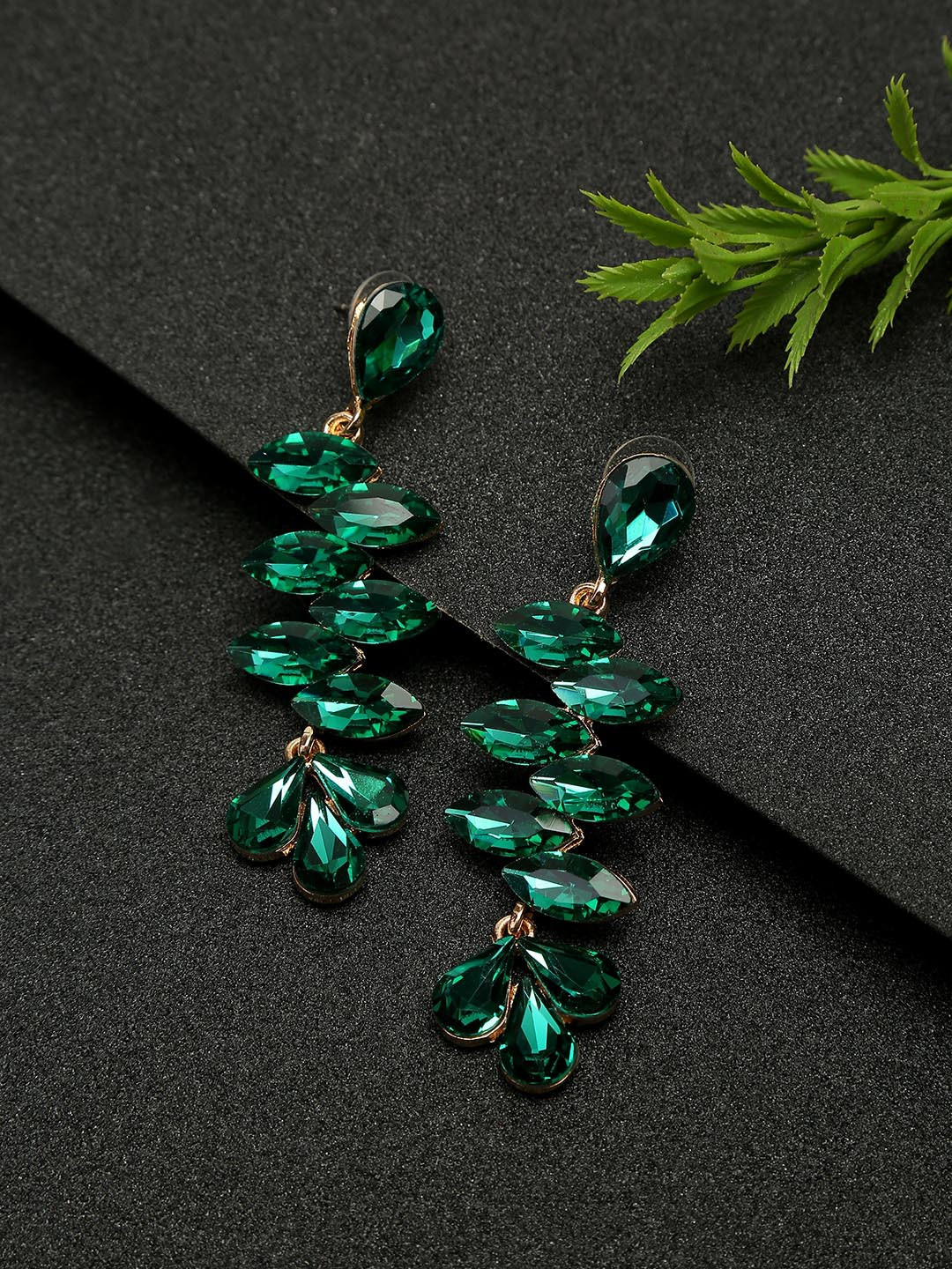 

DressBerry Green Gold-Plated Contemporary Artificial Stone Studded Drop Earrings