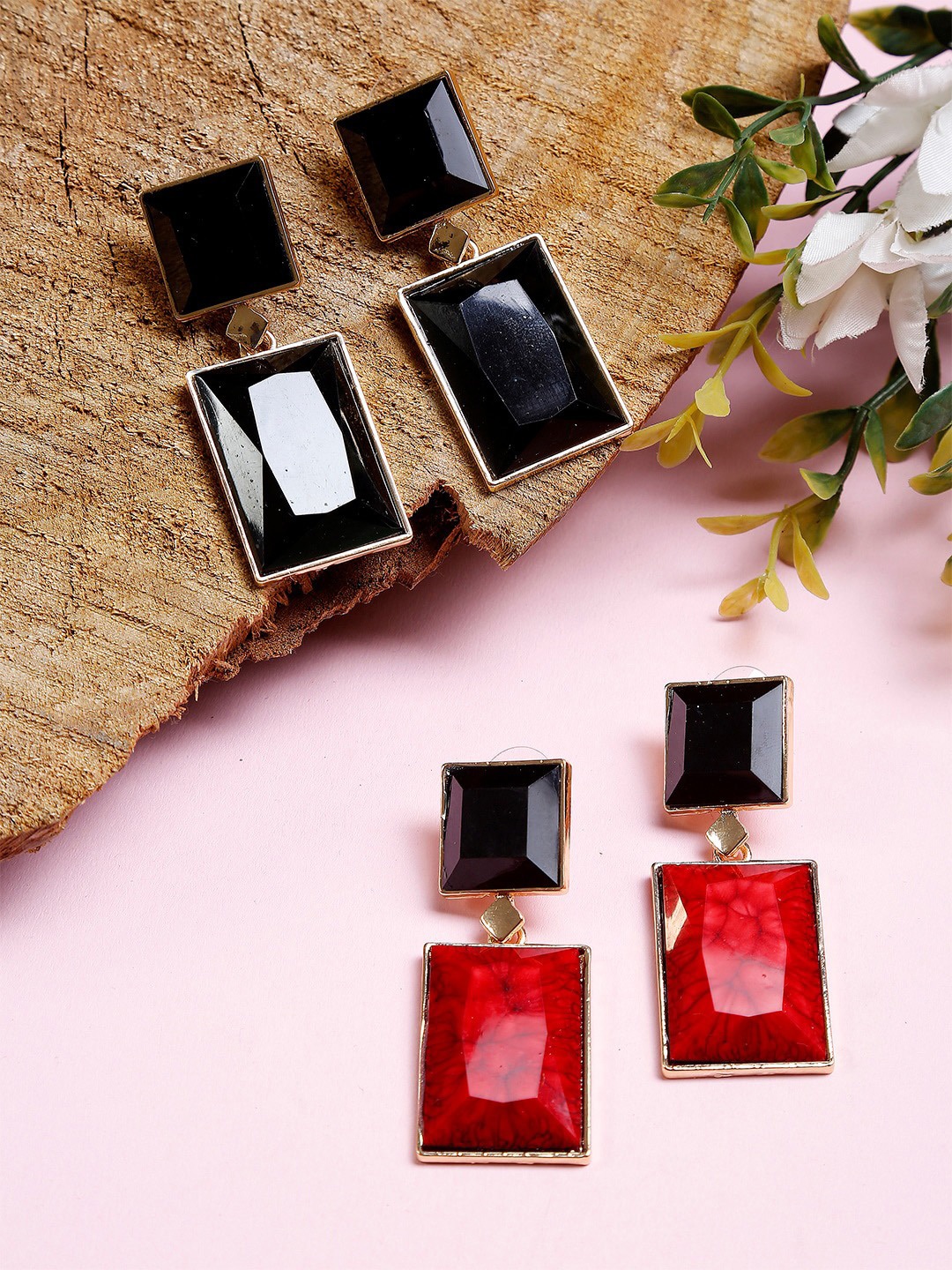 

DressBerry Black & Red Gold-Plated Geometric Drop Earrings