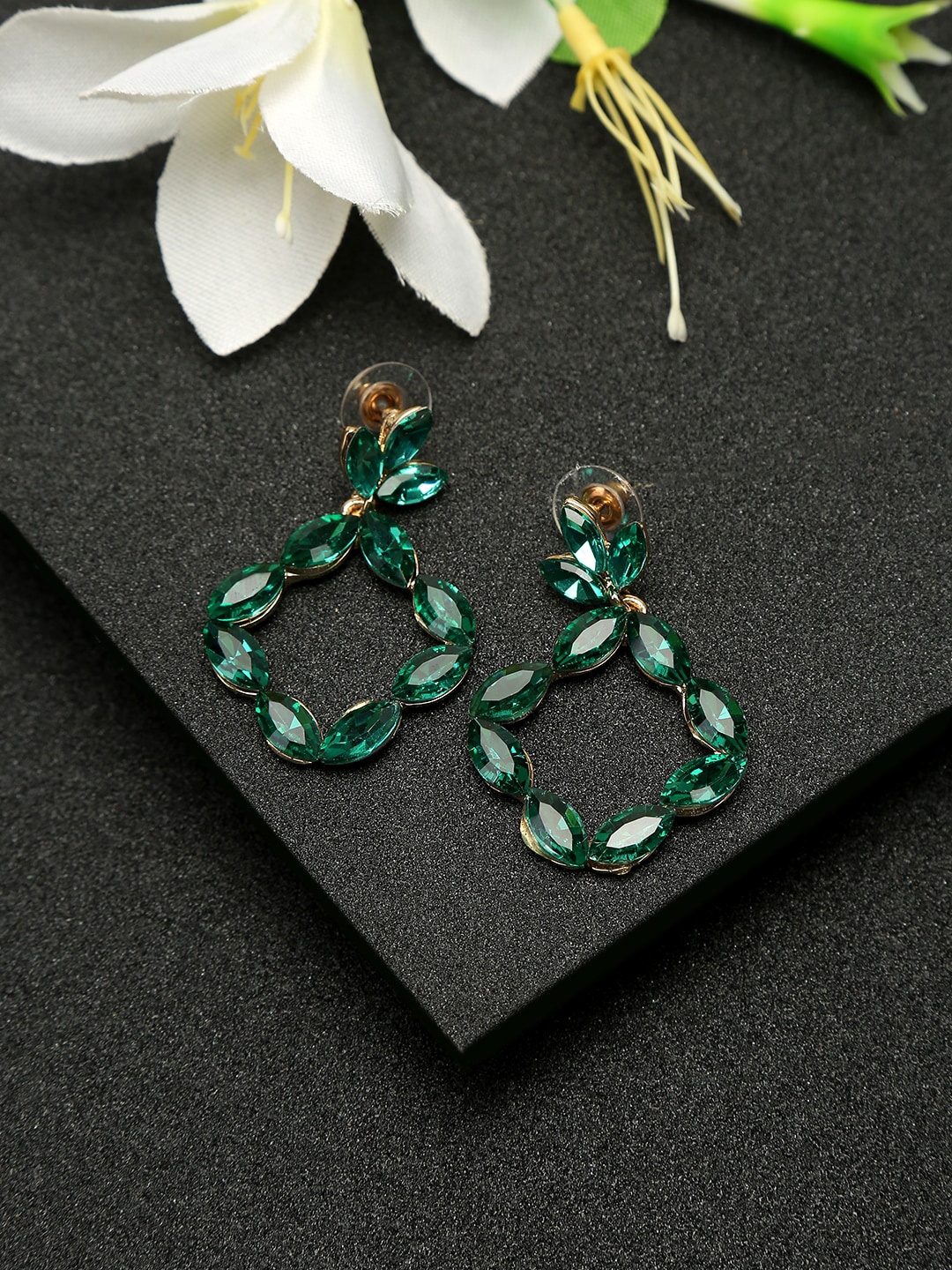 

DressBerry Gold-Plated Green Contemporary Stone Studded Drop Earrings