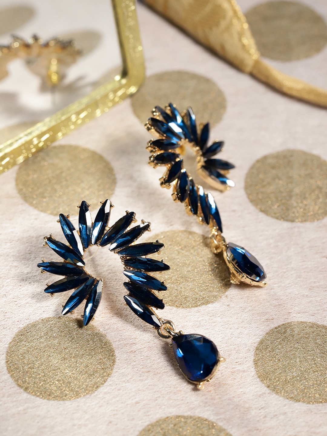 

DressBerry Navy Blue Gold-Plated Stone-Studded Contemporary Drop Earrings