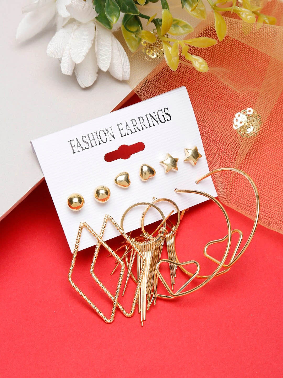 

DressBerry Set Of 6 Gold-Plated Contemporary Studs Earrings