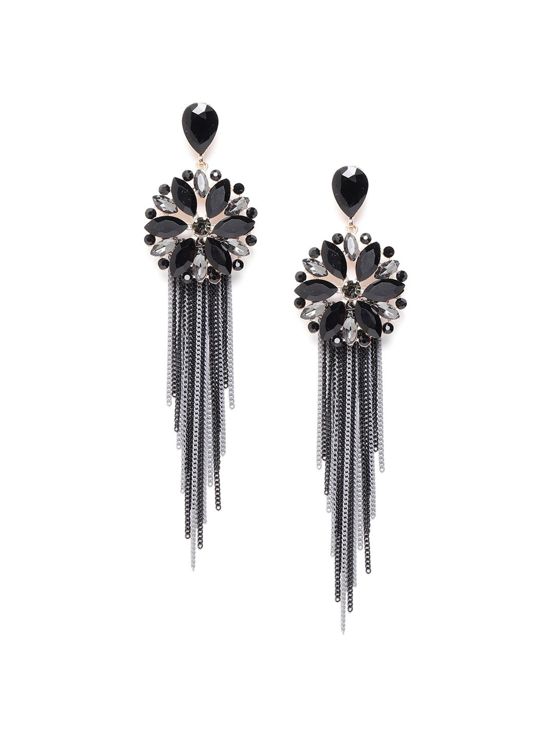 

DressBerry Gold-Plated Black Floral Stone Studded Tasselled Drop Earrings