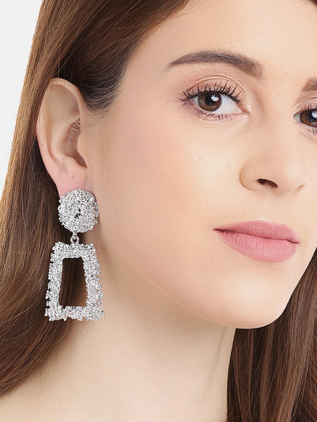 

DressBerry Silver-Plated Textured Geometric Drop Earrings