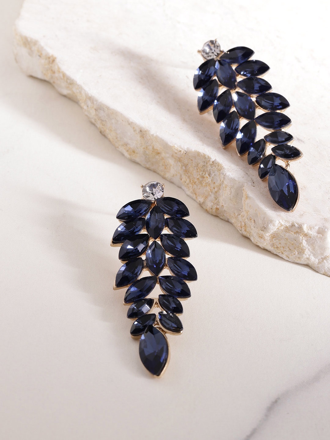 

DressBerry Gold-Plated & Navy Blue Leaf Shaped Drop Earrings