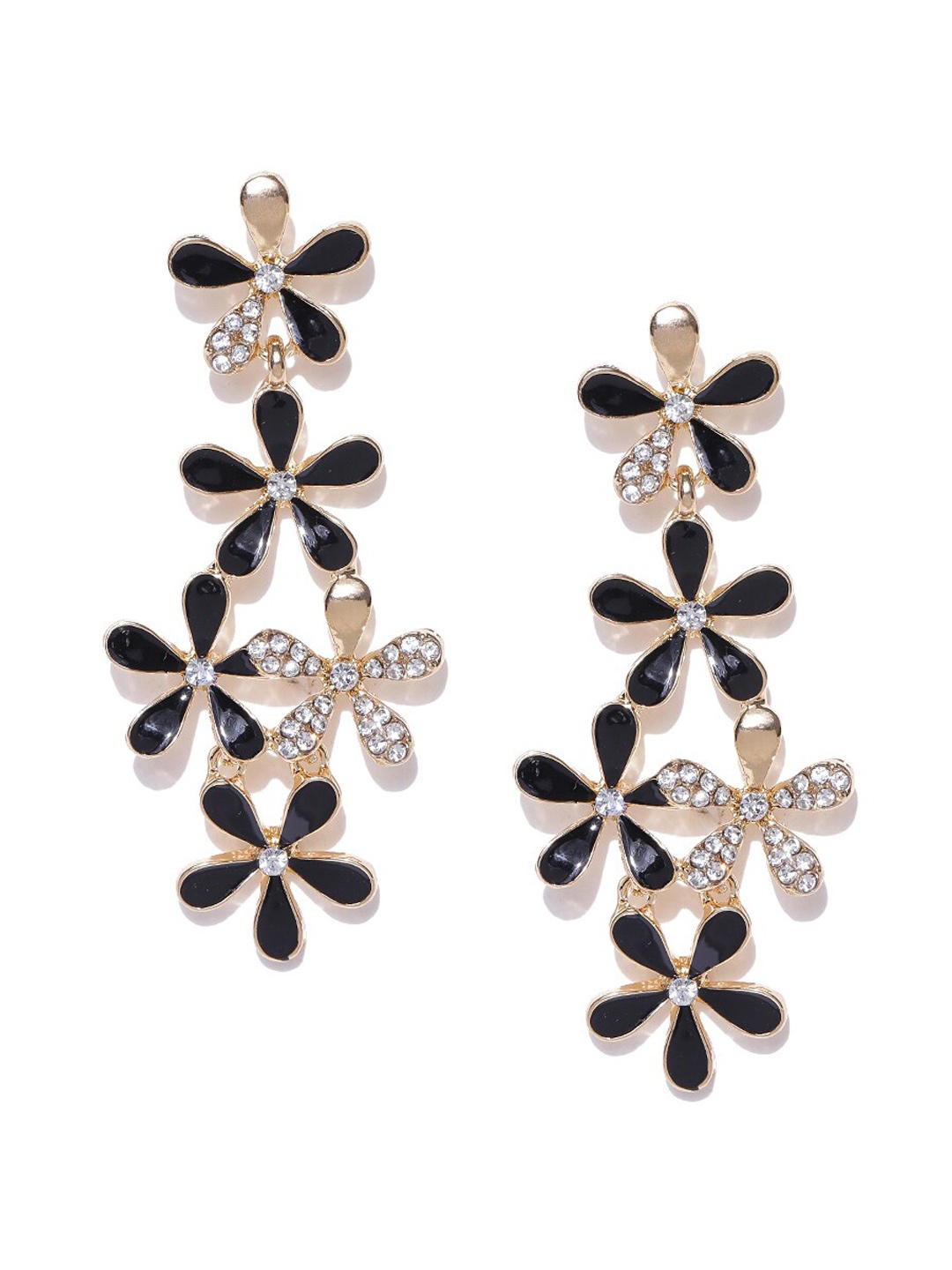 

DressBerry Black Gold-Plated Stone-Studded Floral Drop Earrings