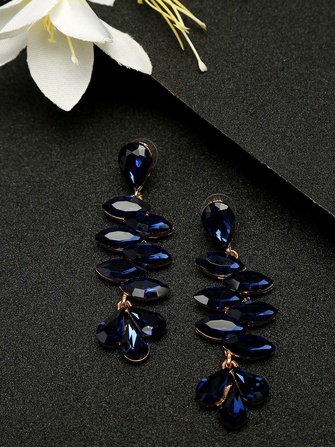 

DressBerry Gold-Plated And Navy Blue Artificial Stones Contemporary Drop Earrings