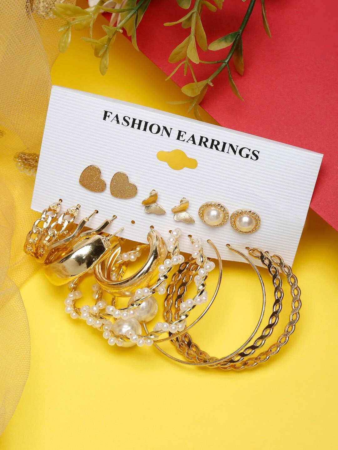 

DressBerry Set Of 9 Gold-Plated Artificial Stones Contemporary Hoop Earrings