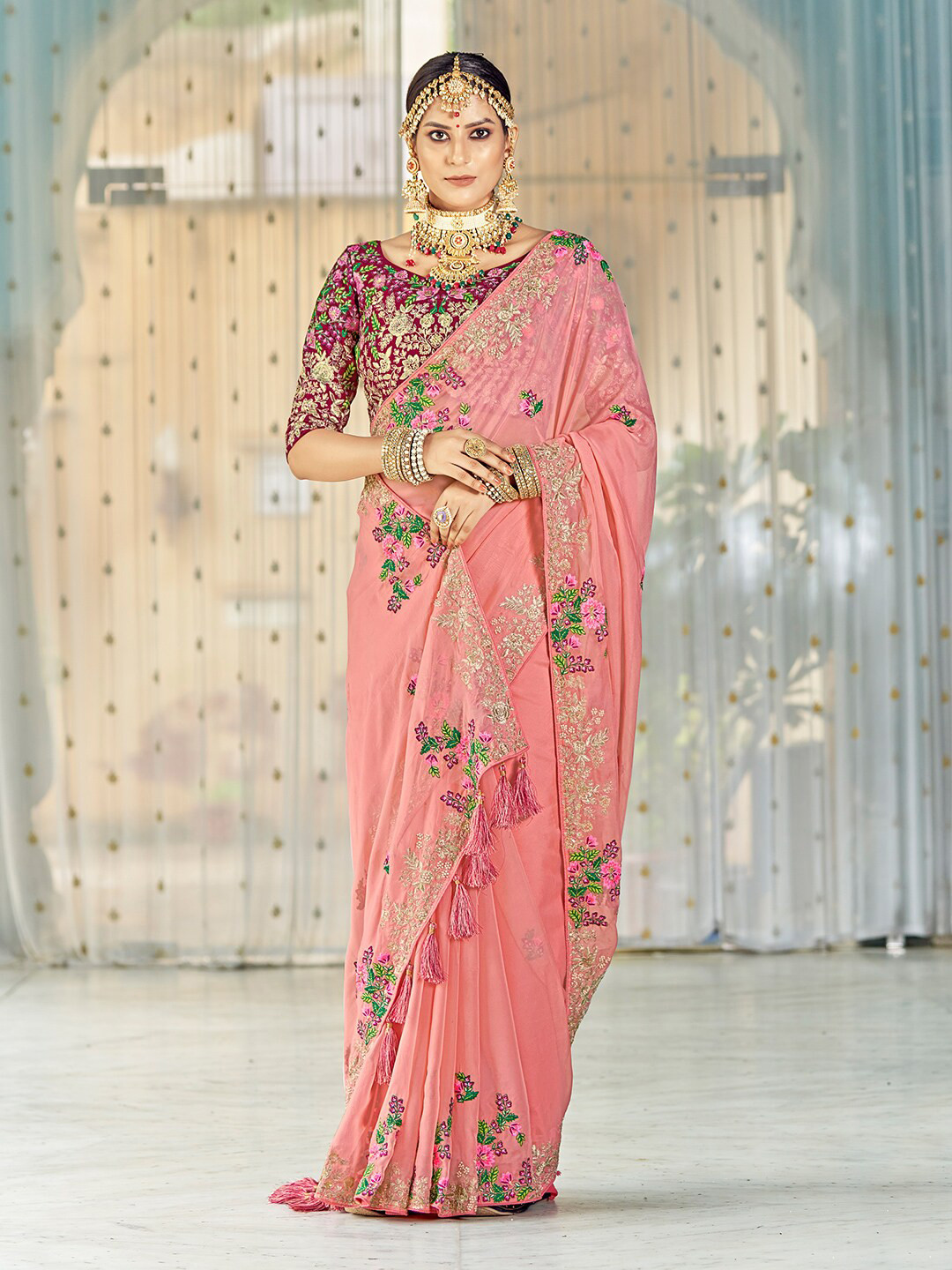 

Fusionic Floral Embroidered Organza Saree, Pink