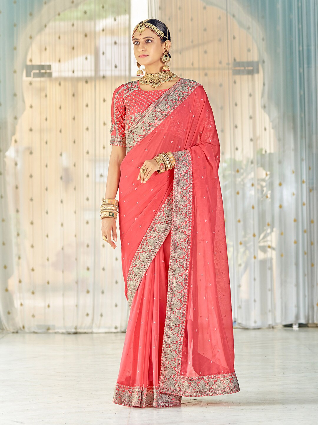 

Fusionic Floral Embroidered Organza Saree, Coral