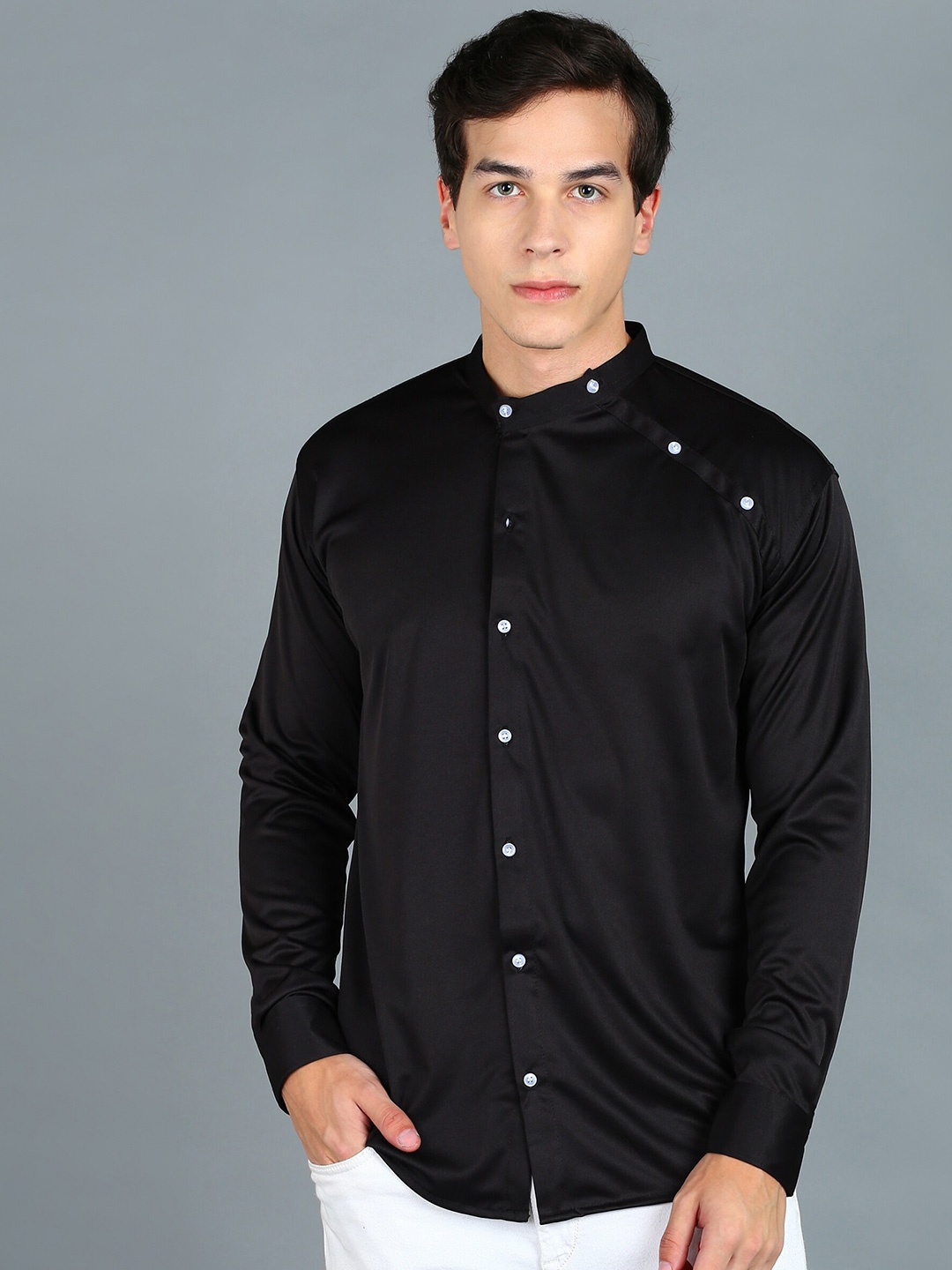 

QLONZ STORE Band Collar Classic Casual Shirt, Black