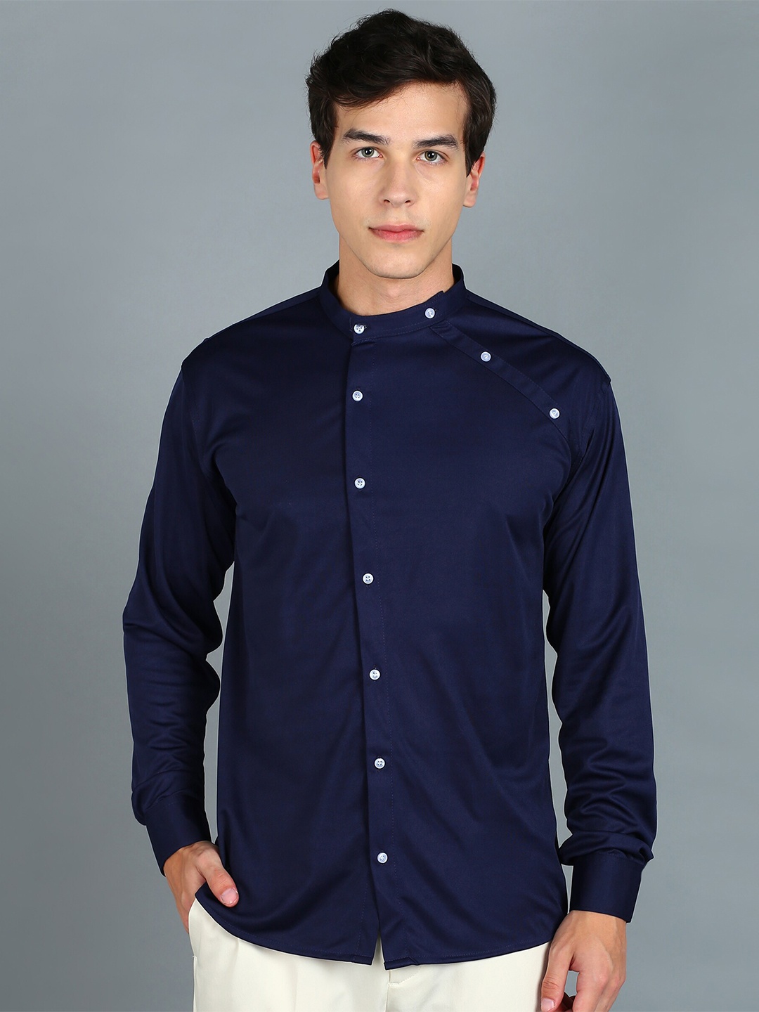 

QLONZ STORE Classic Band Collar Casual Shirt, Blue