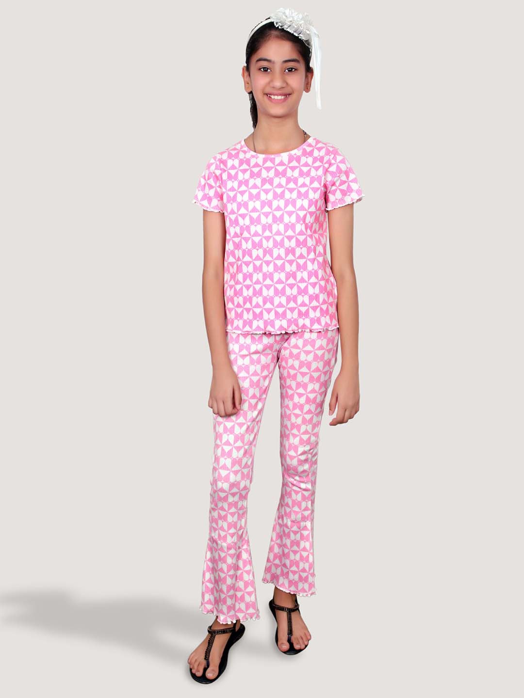 

Googo Gaaga Girls Printed Pure Cotton T-shirt with Trousers, Pink