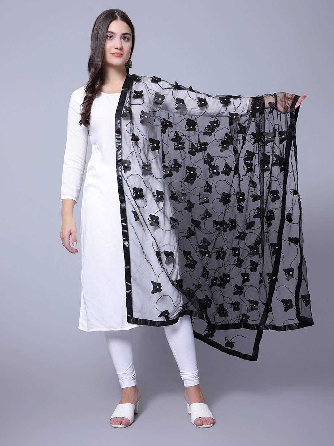 

Trendzmy Floral Embroidered Taping Net Dupatta, Black