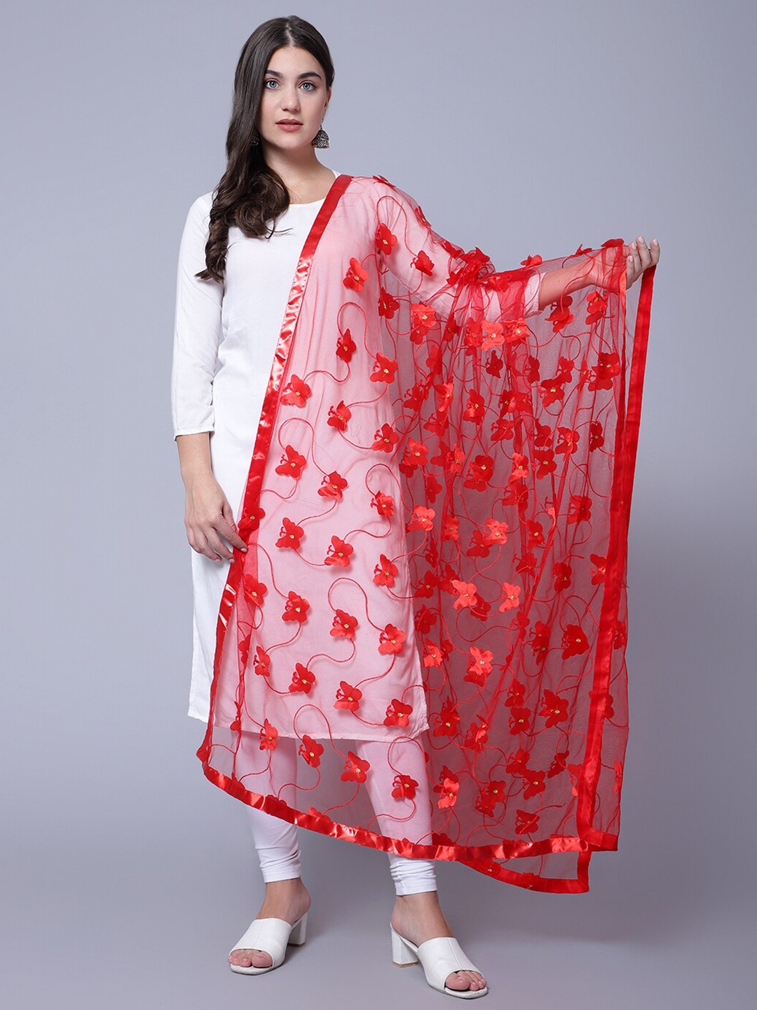 

Trendzmy Floral Embroidered Net Dupatta, Red