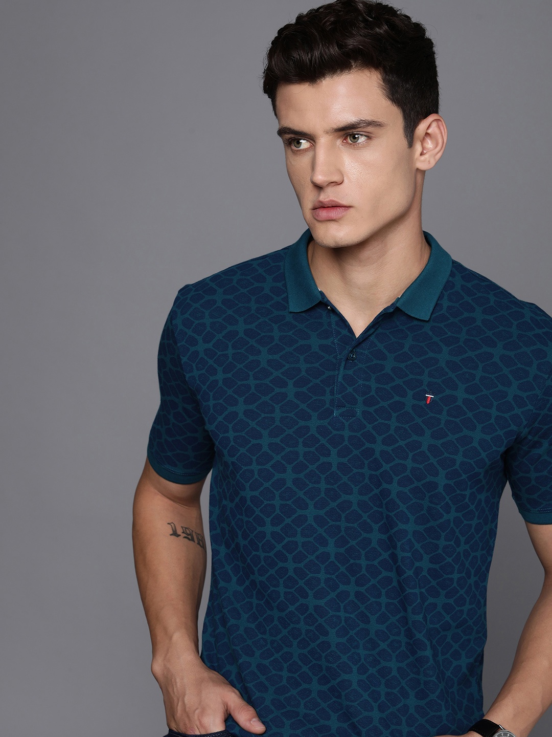 

Louis Philippe Jeans Men Printed Polo Collar Pure Cotton Slim Fit T-shirt, Navy blue