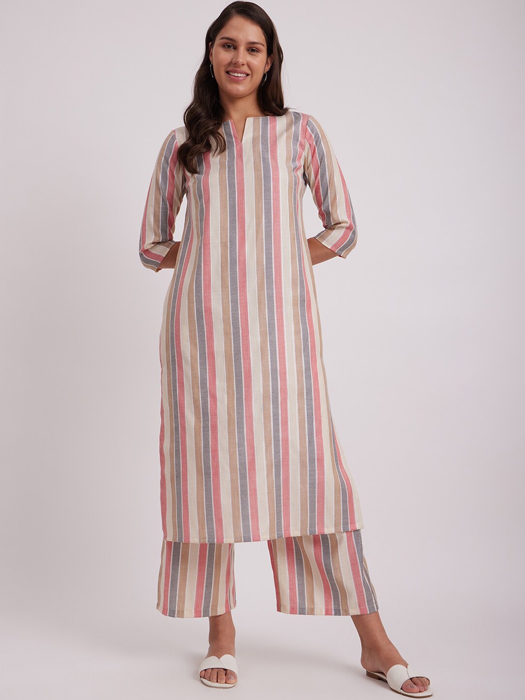 

Pink Fort Striped Regular Pure Cotton Kurta With Palazzos, Beige